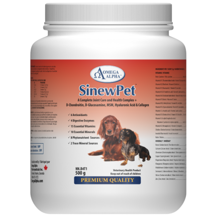 Omega Alpha SinewPet Joint Support for Dogs & Cats 500g Powder, Glucosamine MSM Chondroitin & Hyaluronic Acid for Hip & Joint Mobility, Made in Canada